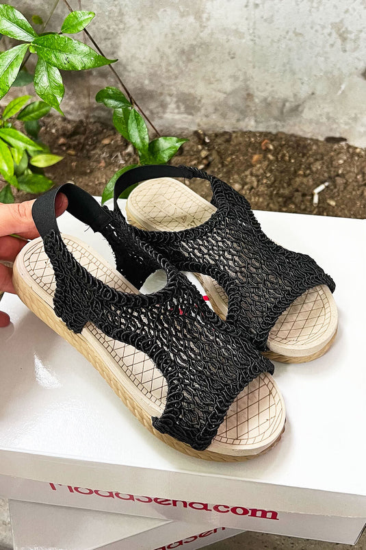 Elastic Back Straw Sandals Black
