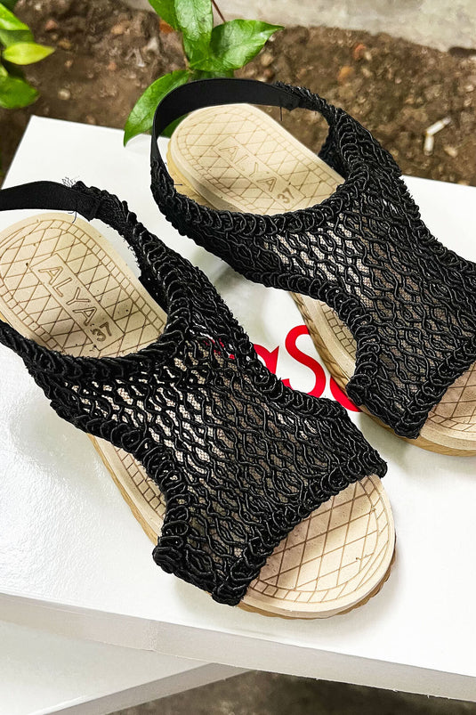 Elastic Back Straw Sandals Black