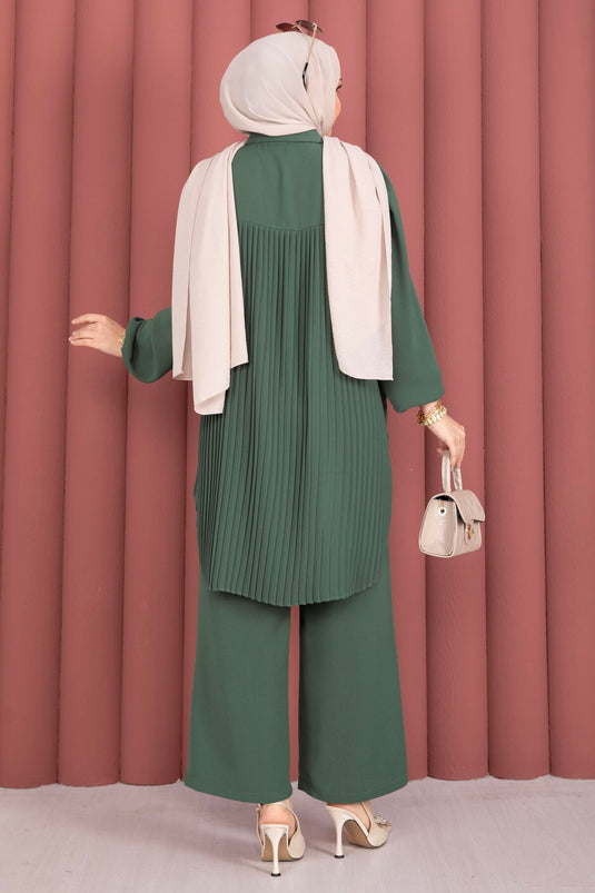 Ensemble Tesettür boutonné sur toute la longueur avec plis au dos, kaki