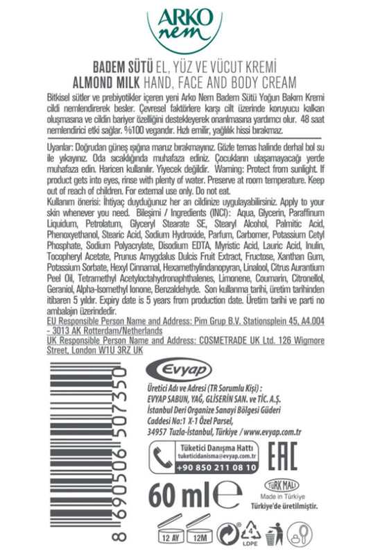 Arko Nem Badem Sütü Yoğun Bakım Kremi 60 ml