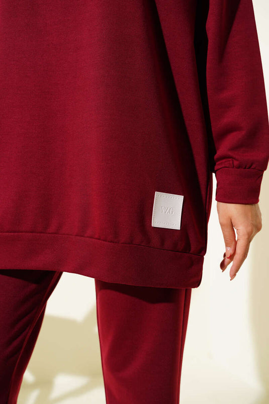 Basic Two-Piece Set with Emblem Detailing - Burgundy