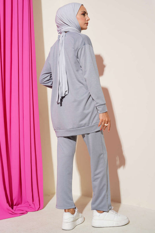 Basic Two-Piece Set with Emblem Detailing, Gray