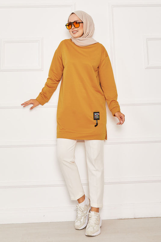 Arma Detaylı Bisiklet Yaka Sweat Tunik Hardal