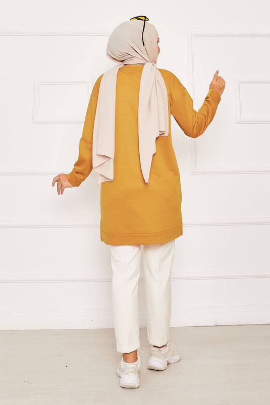 Arma Detaylı Bisiklet Yaka Sweat Tunik Hardal