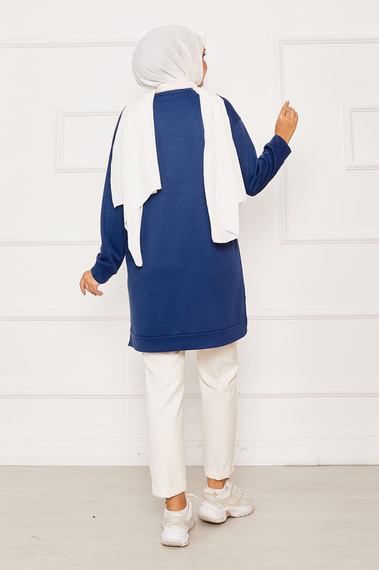 Emblem Detailed Crew Neck Sweat Tunic Indigo