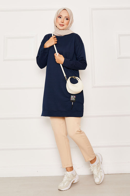 Emblem Detailed Crew Neck Sweat Tunic Navy Blue