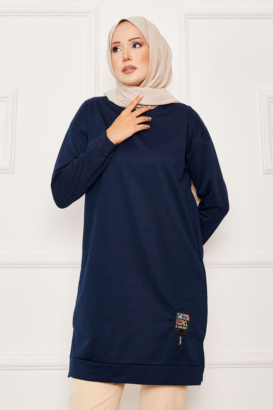 Emblem Detailed Crew Neck Sweat Tunic Navy Blue