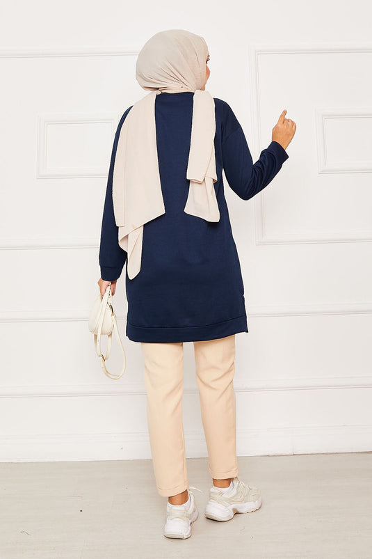 Emblem Detailed Crew Neck Sweat Tunic Navy Blue