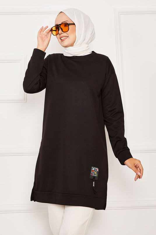 Emblem Detailed Crew Neck Sweat Tunic Black