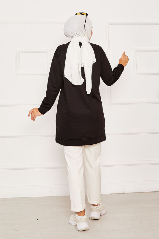 Emblem Detailed Crew Neck Sweat Tunic Black