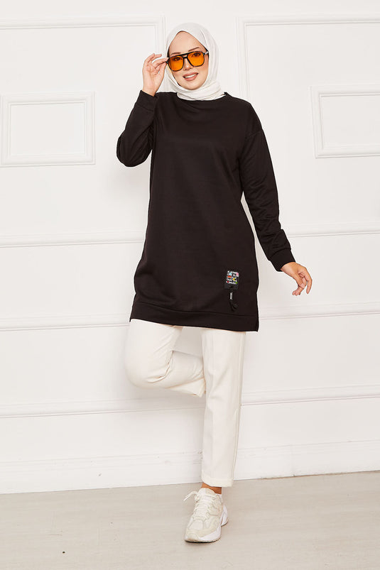 Emblem Detailed Crew Neck Sweat Tunic Black