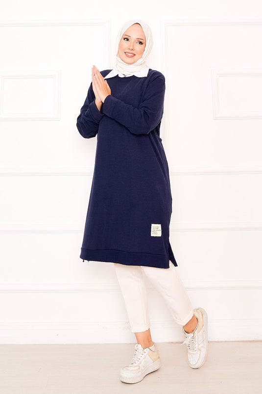 Emblem Detailed Ribbed Tunic Navy Blue