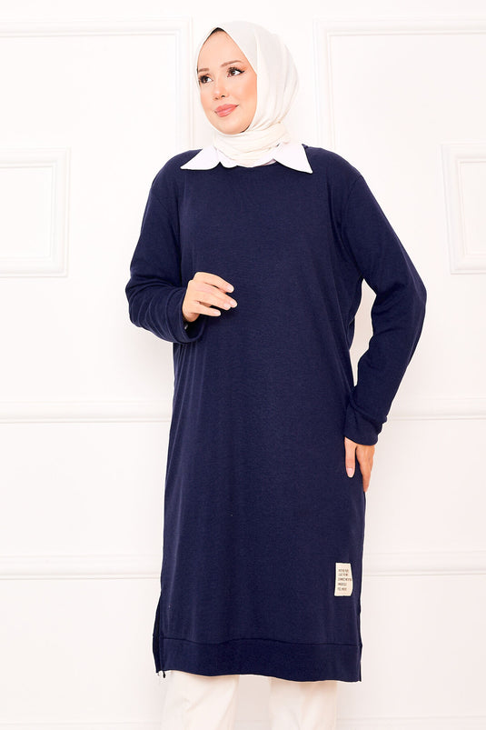 Emblem Detailed Ribbed Tunic Navy Blue