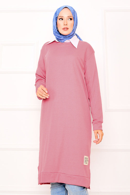 Emblem Detailed Ribbed Tunic Pink