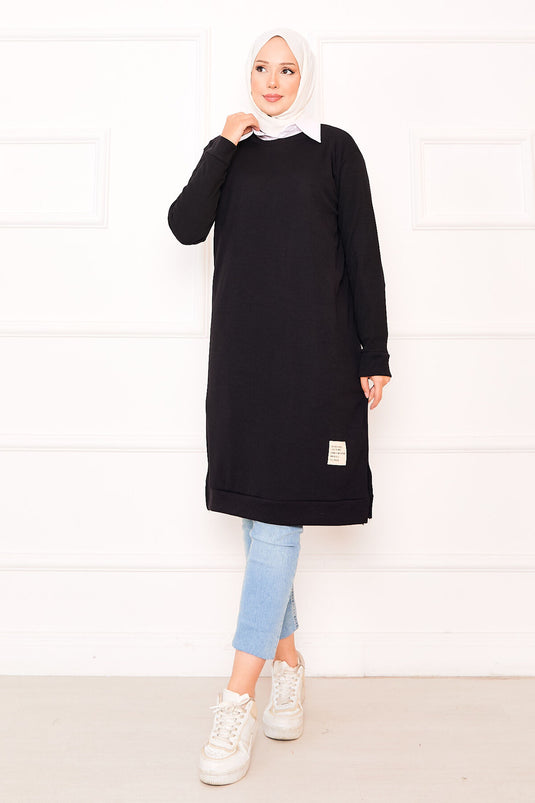 Emblem Detailed Ribbed Tunic Black