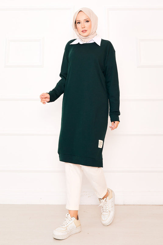 Ribbed Tunic with Emblem Detail in Emerald
