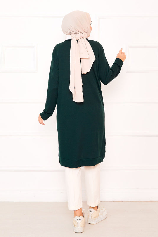 Ribbed Tunic with Emblem Detail in Emerald