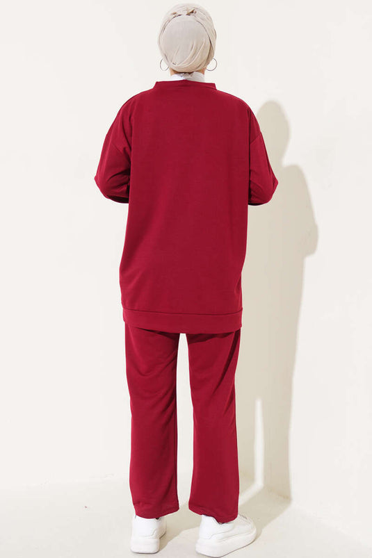 Two Piece Suit with Emblem Detail, Burgundy