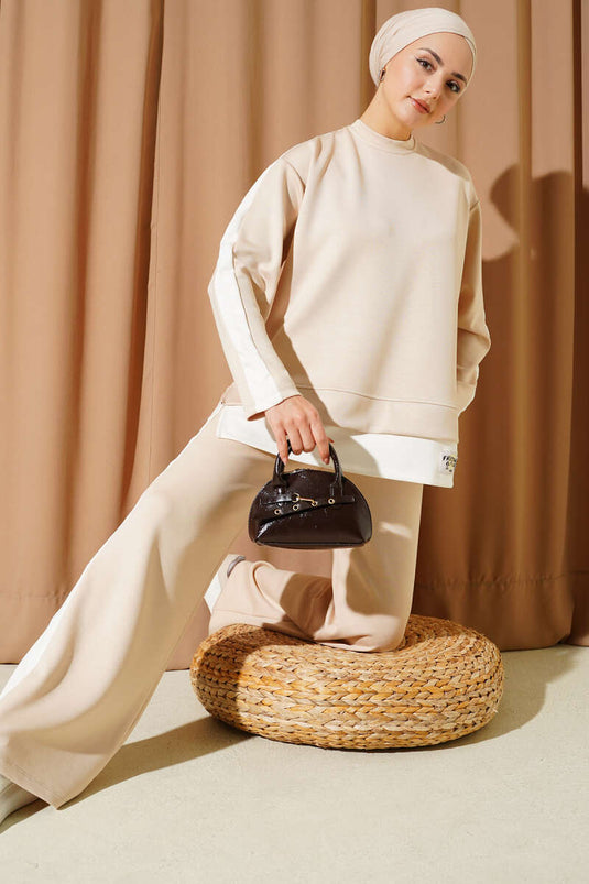 Loysha Garnished Two-Piece Suit Beige with Emblem Detail