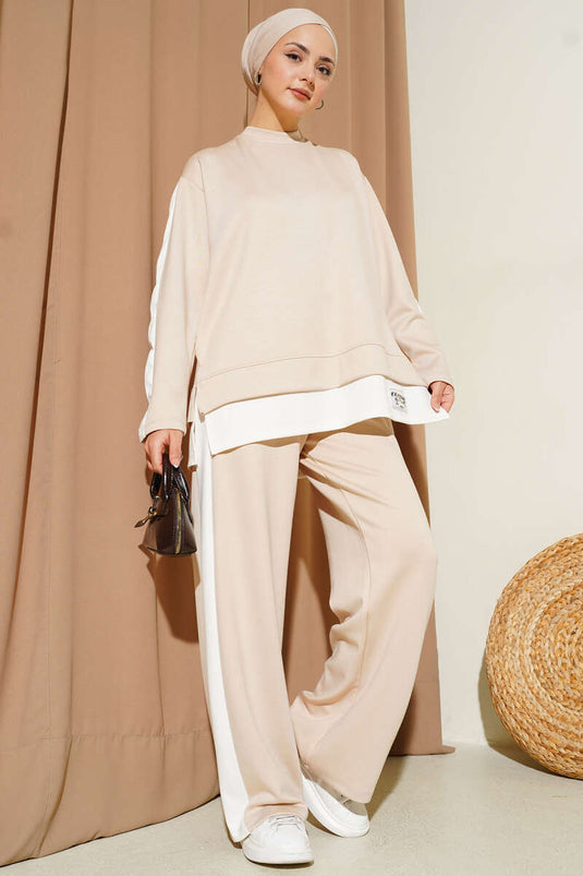 Loysha Garnished Two-Piece Suit Beige with Emblem Detail