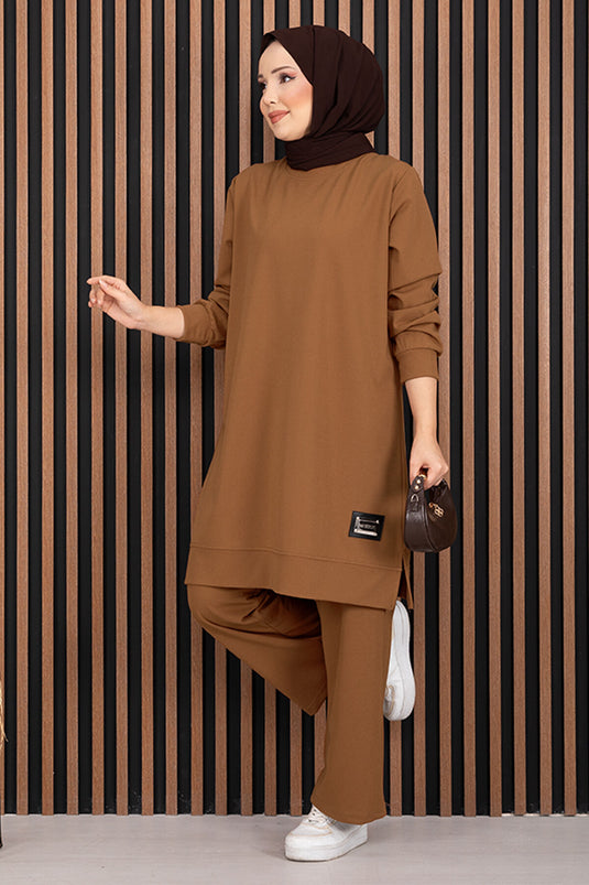 Sportief Modest Twee-Delig Set Met Arm Details Taupe