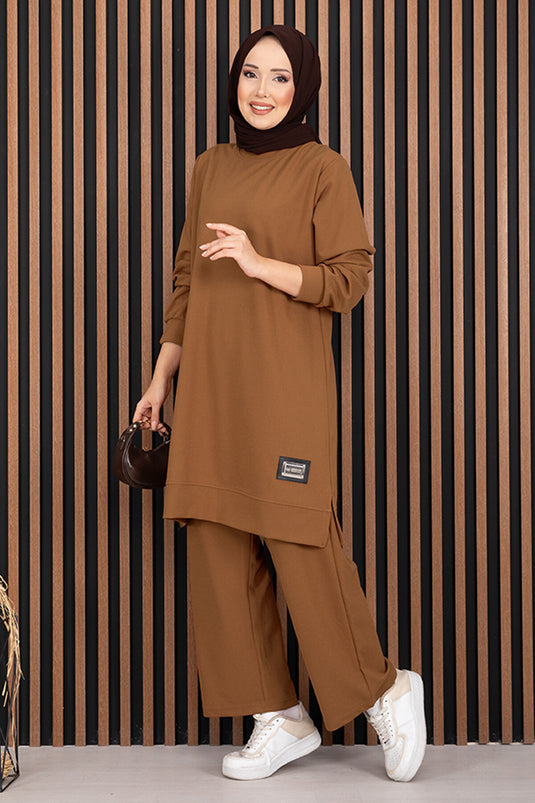 Arma Detailed Sport Hijab Set Due Pezzi, Marrone Chiaro