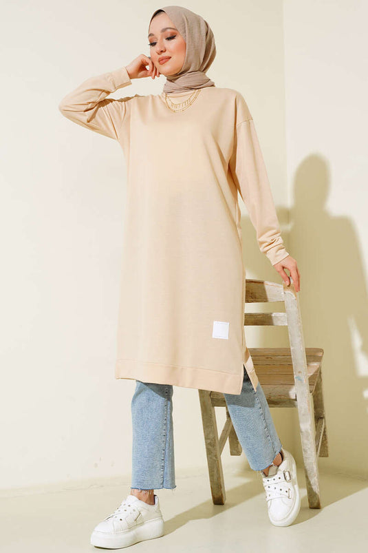 سترة طويلة بتفاصيل شعار، بيج