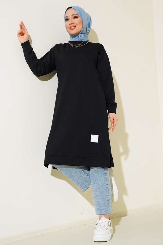 سترة طويلة بتفاصيل شعار، أسود