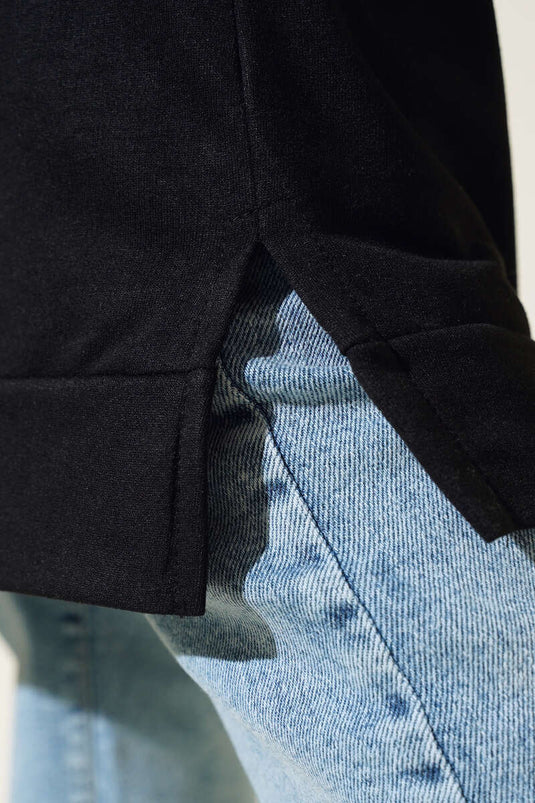 سترة طويلة بتفاصيل شعار، أسود