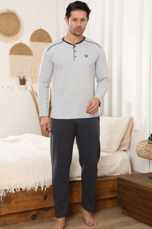 طقم بيجاما رجالي بأكمام طويلة مزين بشعار، رمادي
