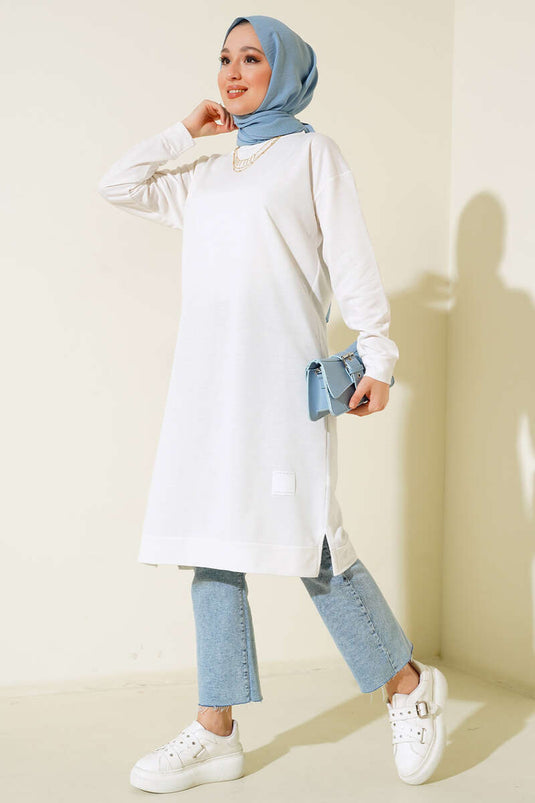 Long Tunic with Emblem Detail, White