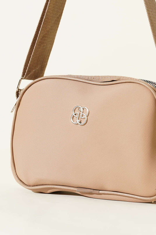 Embroidered 3-Compartment Zippered Bag, Beige