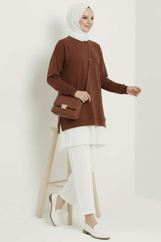 Armalı Alt Eteği Piliseli Tunik Kahve