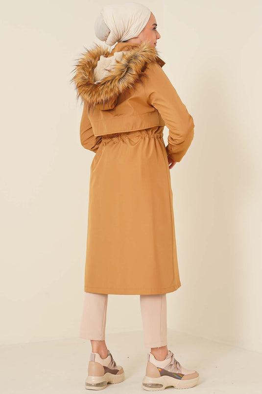 Embroidered Waist Drawstring Coat Camel