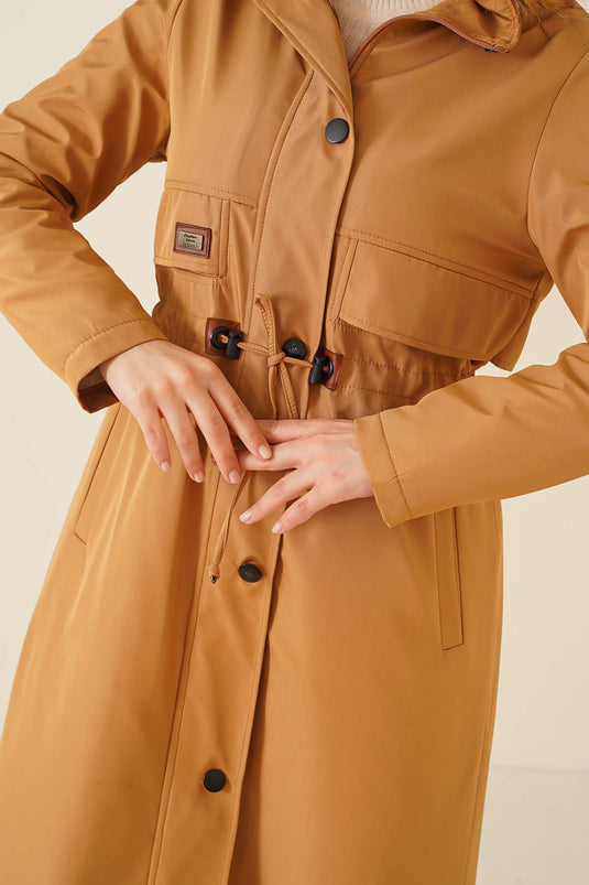 Embroidered Waist Drawstring Coat Camel