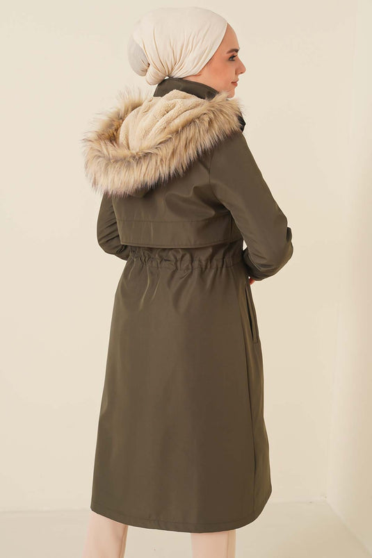 Manteau froncé à taille brodée Kaki