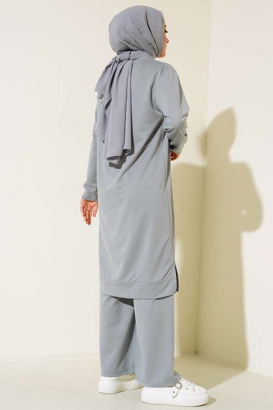 Costume Double Brodé à Jambes Larges Gris