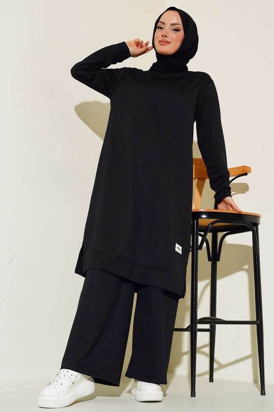Ensemble deux pièces à jambes larges avec broderie, noir
