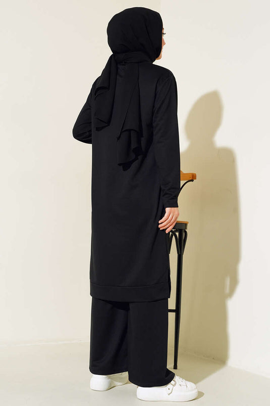 Patterned Wide-Leg Two-Piece Set Black