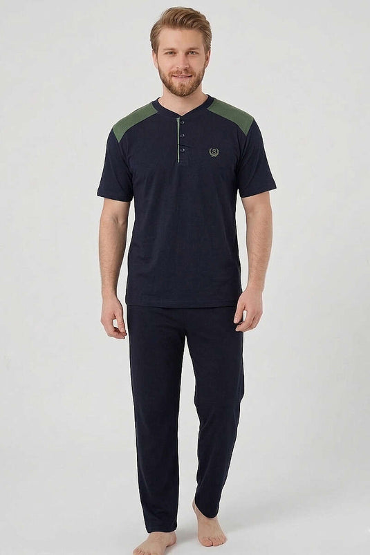 Pigiama Uomo Taglia Grande con Maniche Corte e Stampa a Scudo Blu Navy e Verde Militare