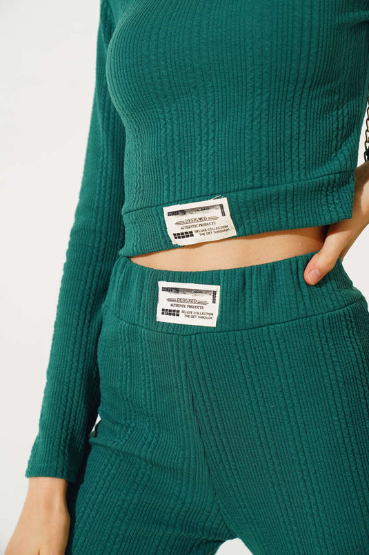 Embroidered Gathered Crop Two Piece Suit Emerald