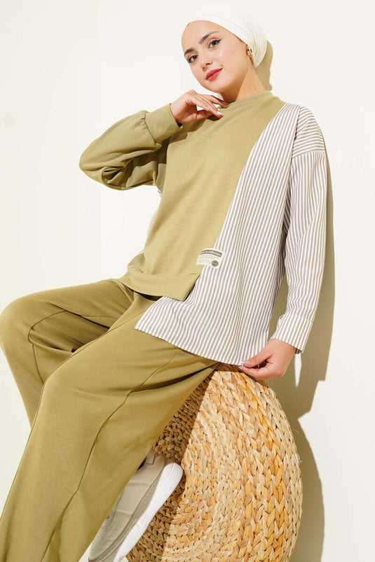 Ensemble deux pièces rayé brodé vert clair