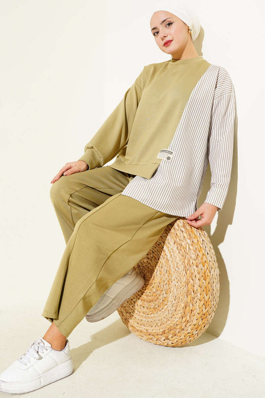 Besticktes, gestreiftes zweiteiliges Set in Hellgrün