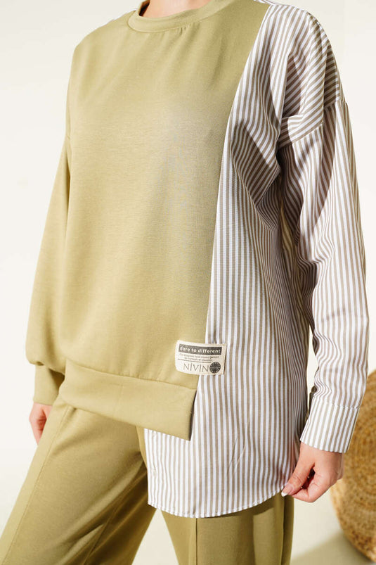 Ensemble deux pièces rayé brodé vert clair