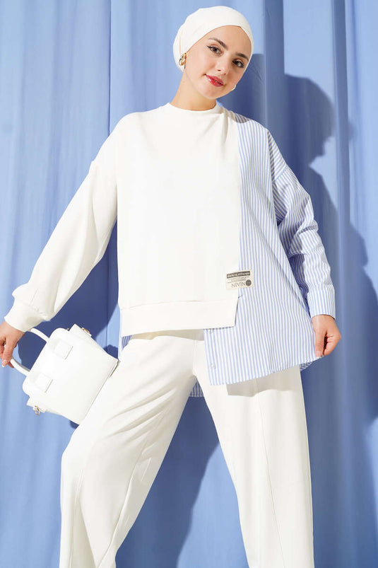 Besticktes, gestreiftes Zweiteiler-Set, Ecru