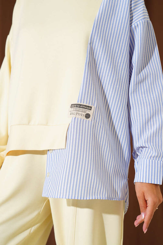 بدلة مخططة مزينة بشعار أصفر من قطعتين