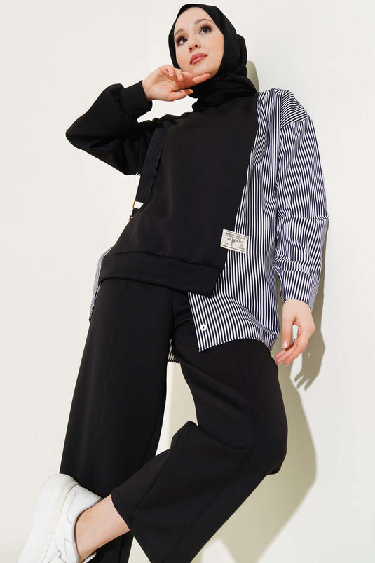 بدلة سوداء من قطعتين مزينة بشعار مخطط