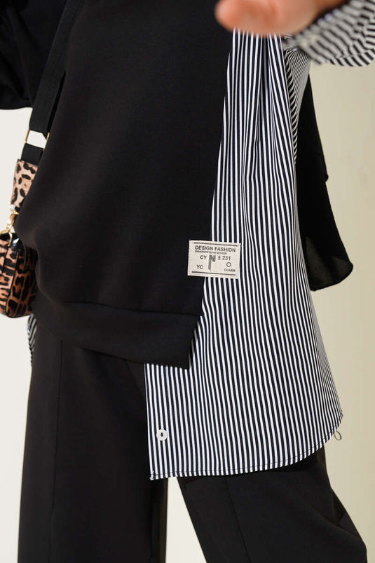 بدلة سوداء من قطعتين مزينة بشعار مخطط