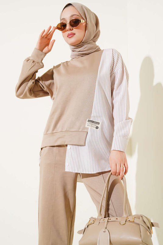 بدلة من قطعتين من فرو المنك بشعار، مخططة، مزخرفة