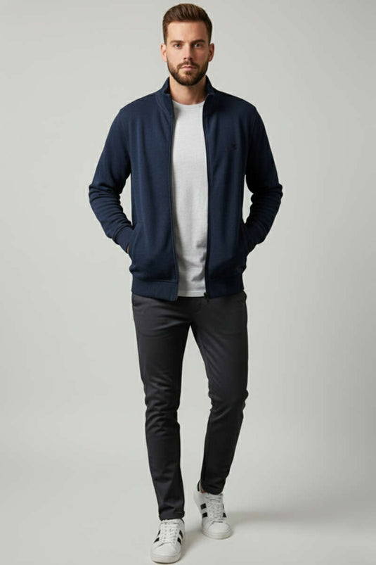 كارديجان رجالي مزين بشعار وسحاب، أزرق داكن